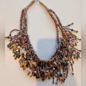 Vintage Wood & Glass Beaded Bib Necklace With African Animals Colorful Beautiful